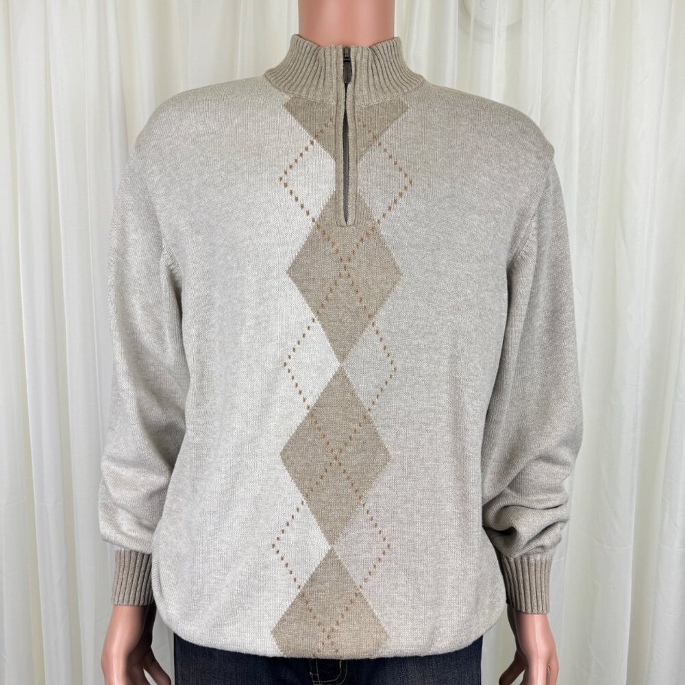 Alex Cannon 1/4 Zip Argyle Mock Neck Sweater Men’s Large Oatmeal Pullover